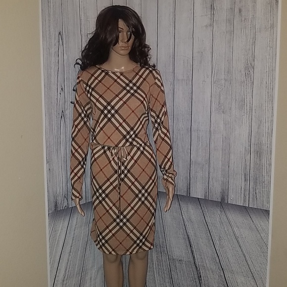 Plaid Designer Style Mocha Dress - Picture 7 of 7